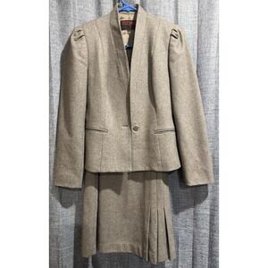 Stirling Cooper VTG Brown Herringbone Lined Blazer/Skirt 80% Wool Pockets Sz 3/4